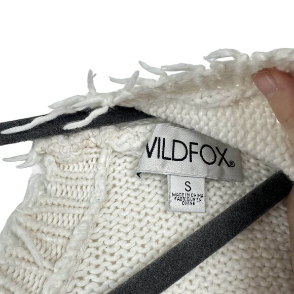 WILDFOX Heart Sweater Sz Small White Black V Neck Oversized Fringe Raw Hem Knit - Picture 7 of 13